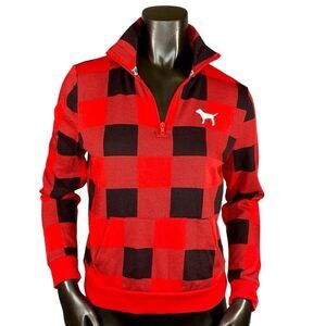 PINK Victoria's Secret Jersey Knit 1-2 Zip Pullover Size XS Red Black Checked